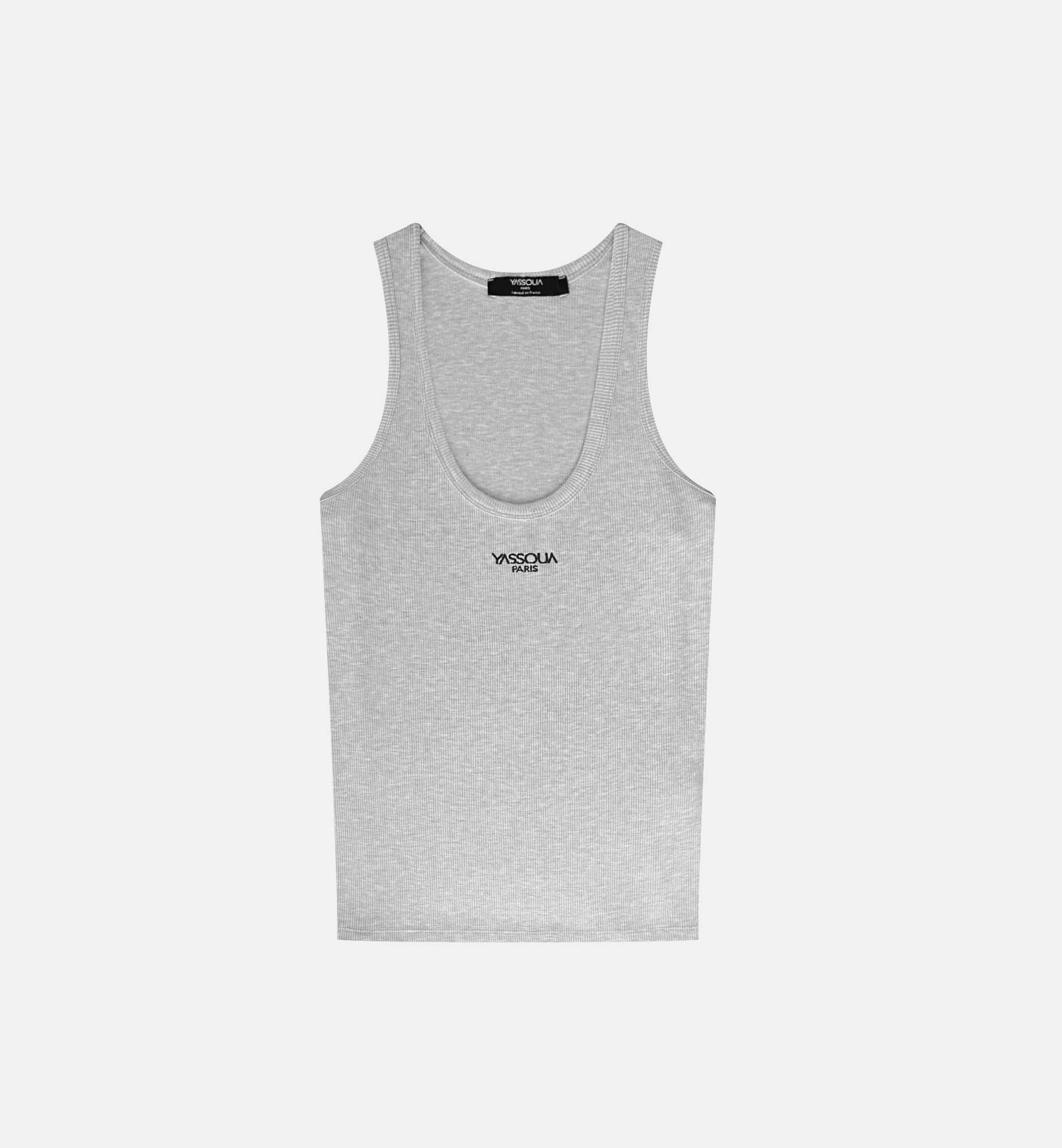 GRAY RIBBED TANK TOP WITH YASSOUA PARIS LOGO