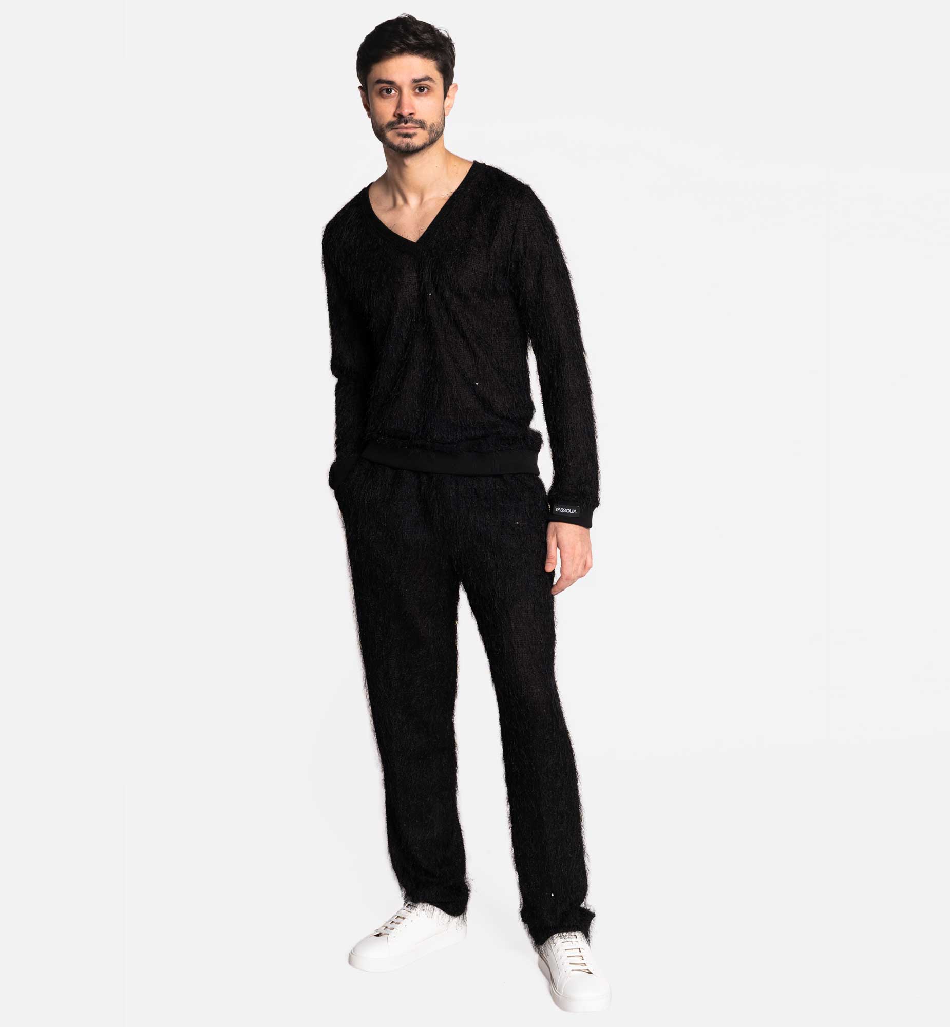 PANTALON EN MAILLE NOIR À FRANGES AVEC CEINTURE ÉLASTIQUÉE