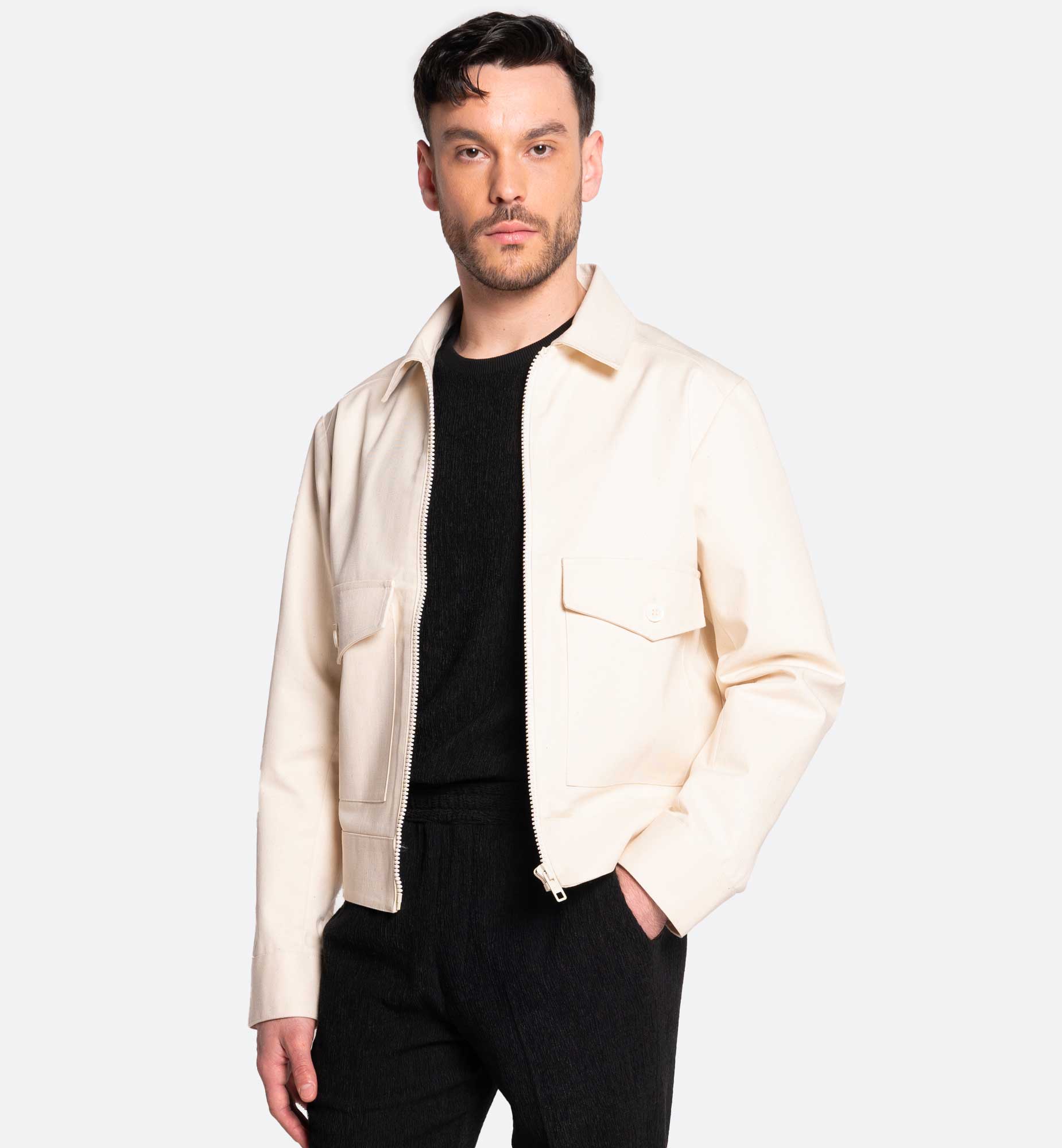 ICONIC SQUARE POCKET BEIGE DENIM JACKET