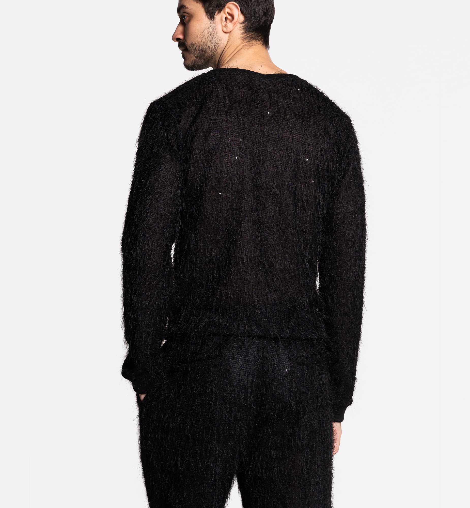 PANTALON EN MAILLE NOIR À FRANGES AVEC CEINTURE ÉLASTIQUÉE