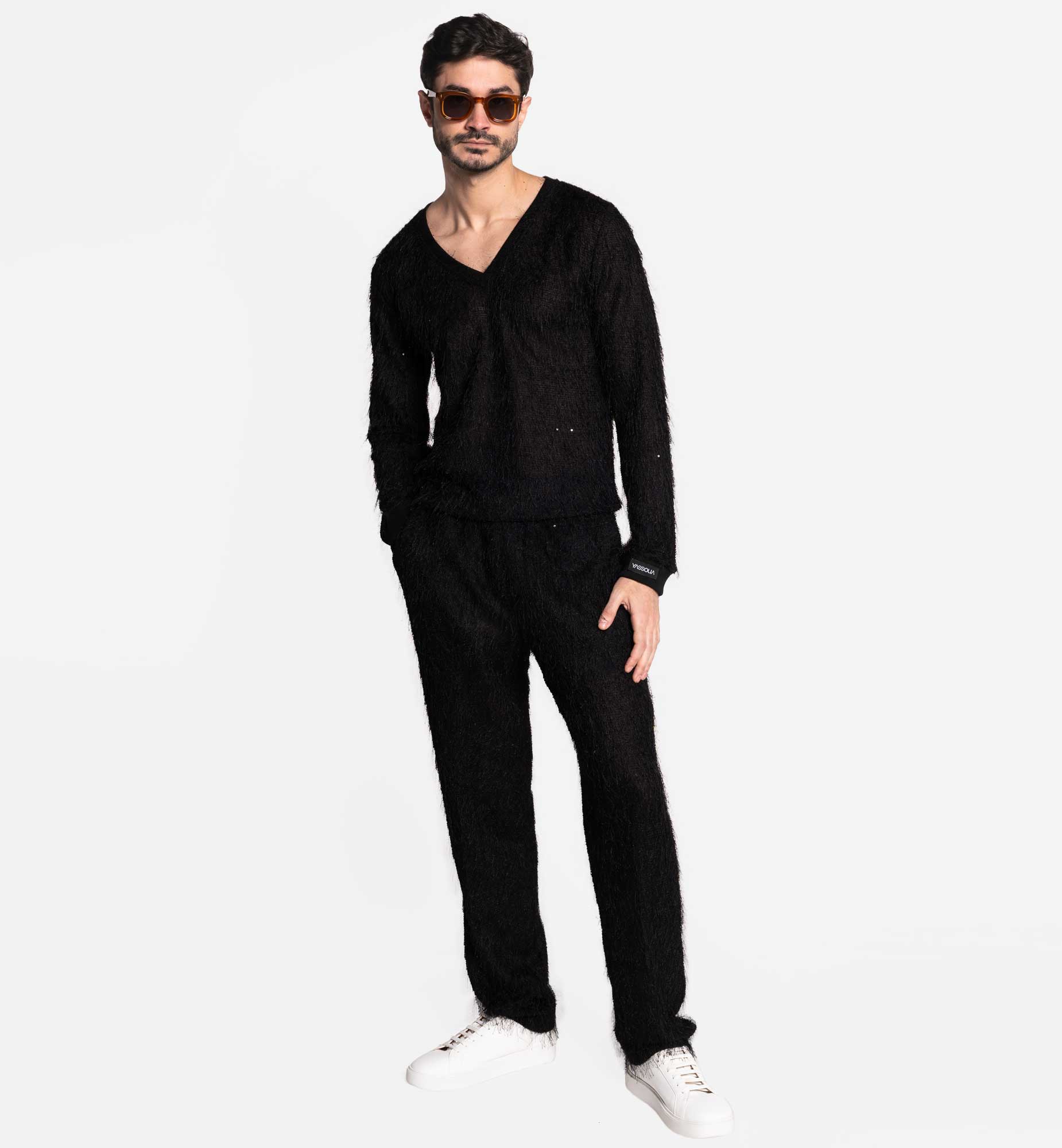 PANTALON EN MAILLE NOIR À FRANGES AVEC CEINTURE ÉLASTIQUÉE
