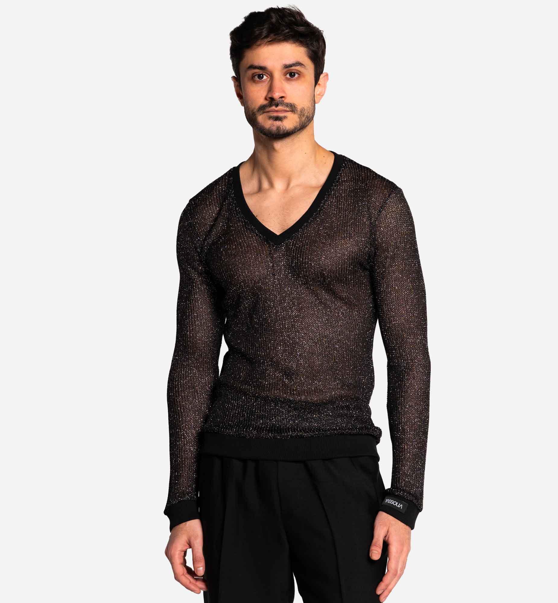 TOP COL V EN MAILLE NOIR LUREX