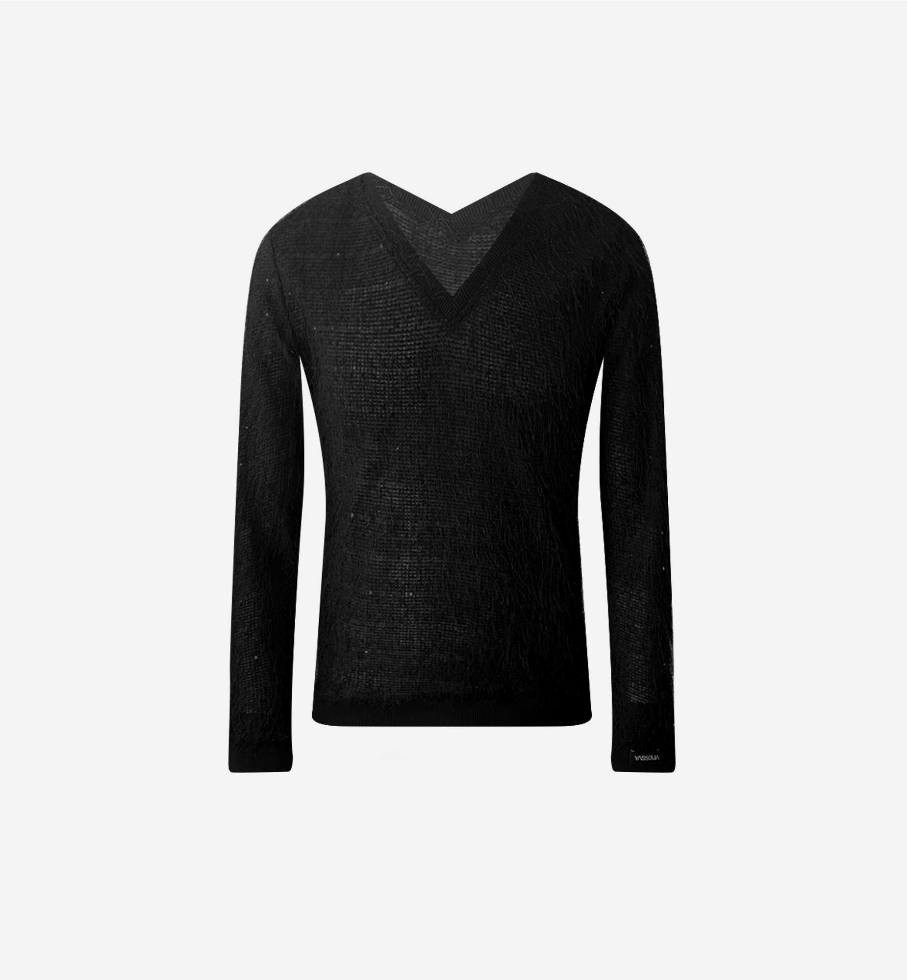 TOP COL V EN MAILLE NOIR À FRANGES