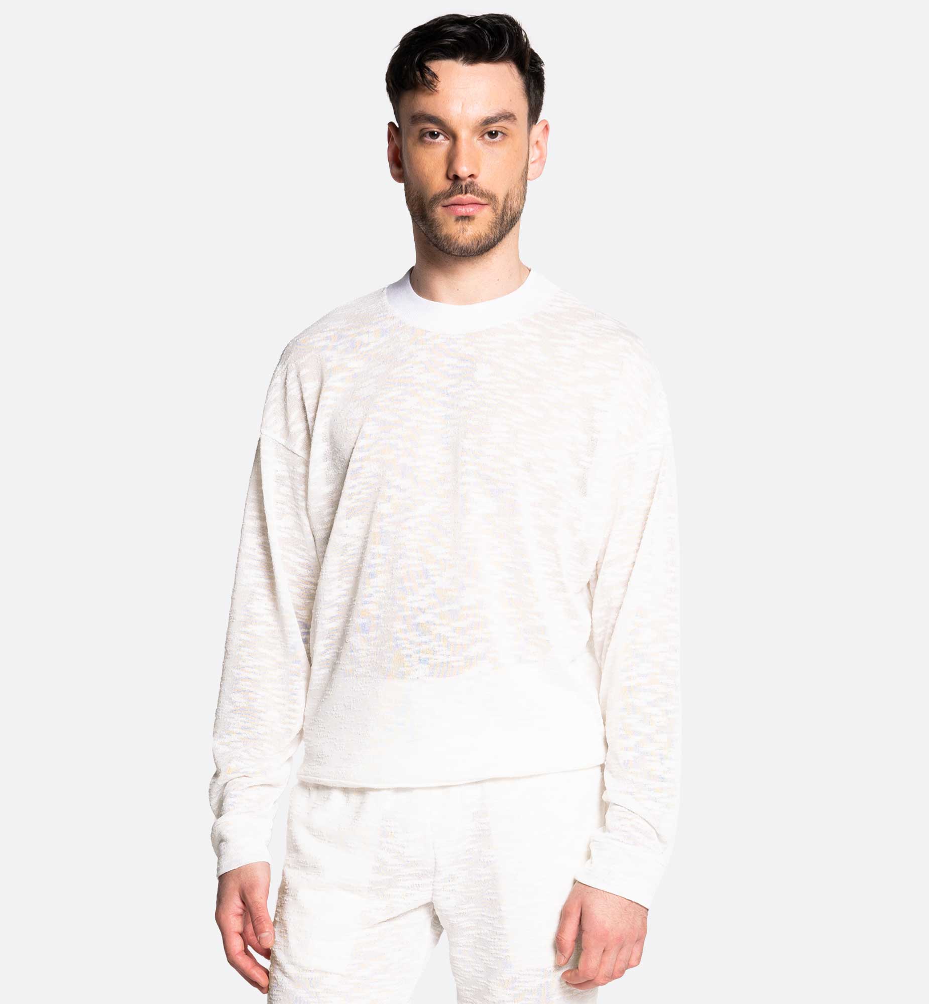 PULL RAS-DU-COU BLANC CASSÉ EN MAILLE TISSÉ