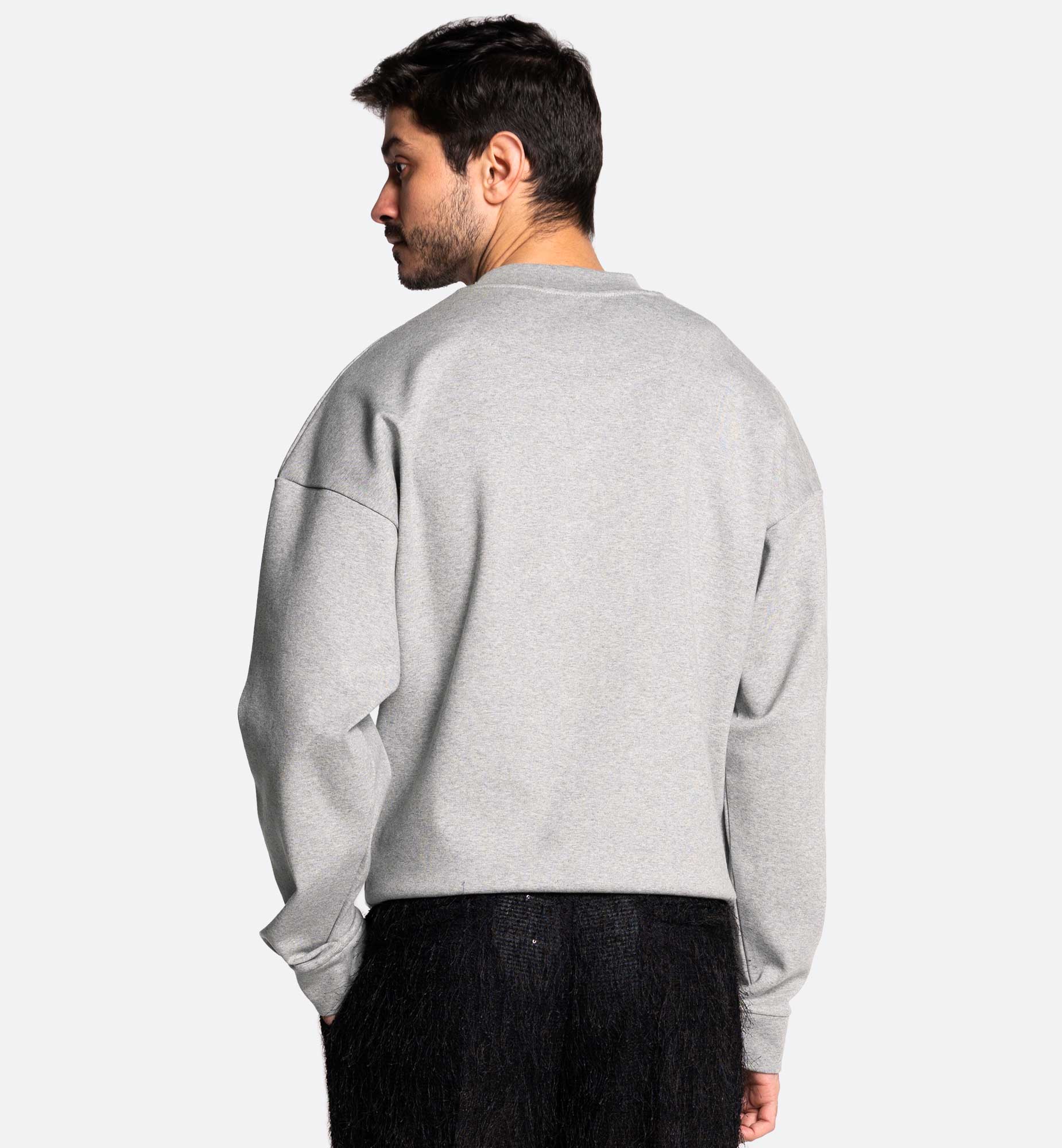 GRAY VISCOSE CREW NECK SWEATER WITH EMBROIDERY ON FRONT