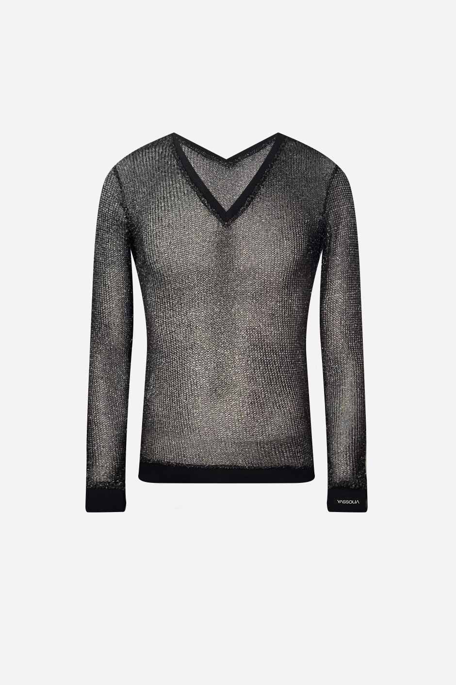 TOP COL V EN MAILLE NOIR LUREX