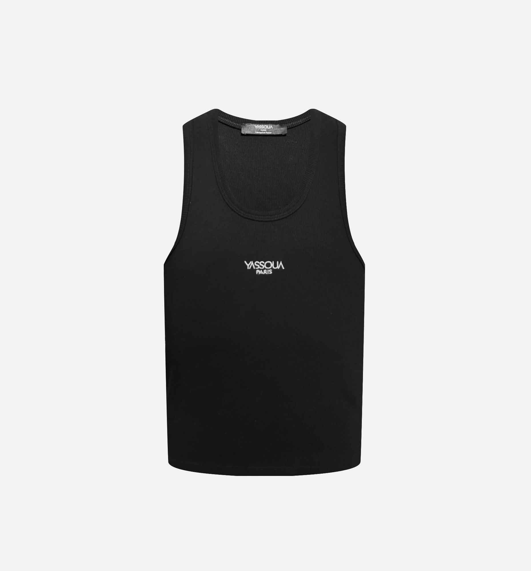 BLACK RIBBED TANK TOP WITH YASSOUA PARIS LOGO